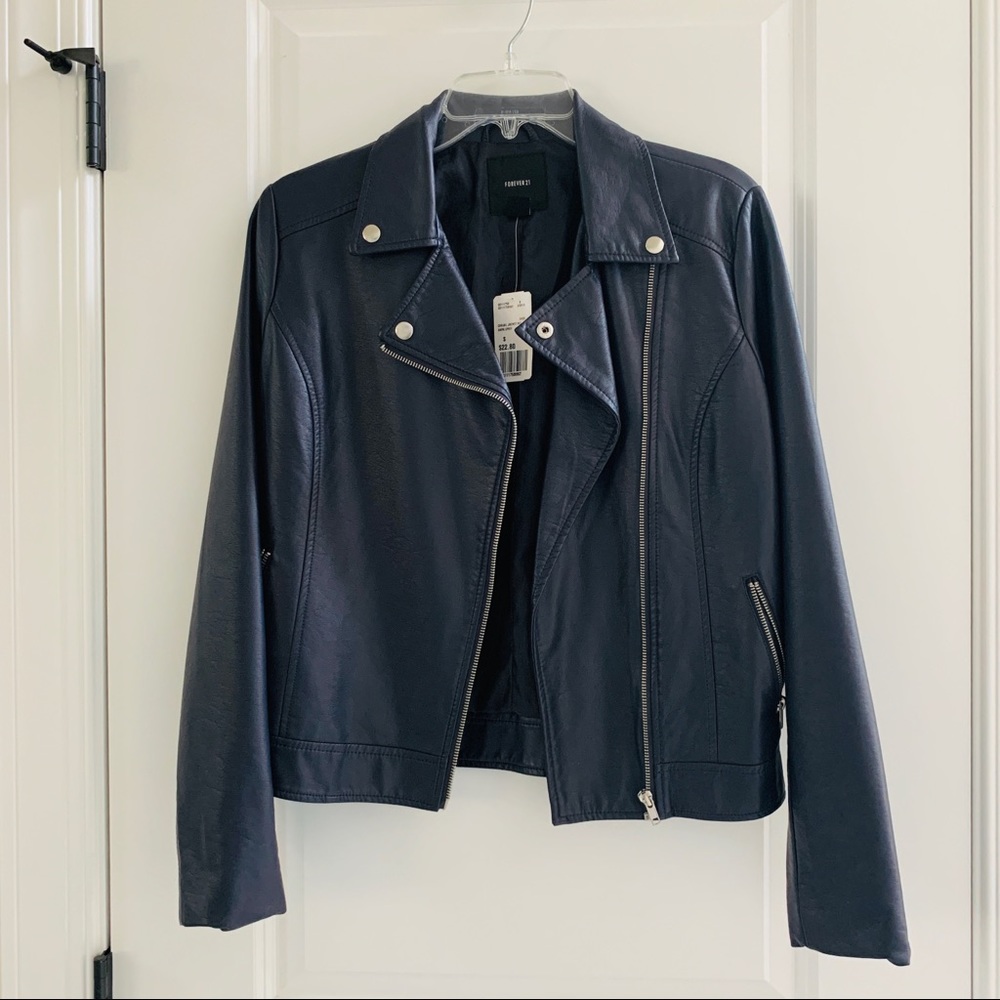 NWT FOREVER21 Navy Blue Faux Leather Jacket Size S